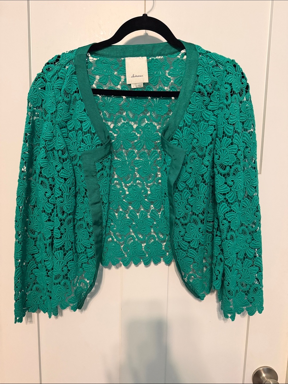 elevenses Emerald Green Crochet Lace Open Blazer
